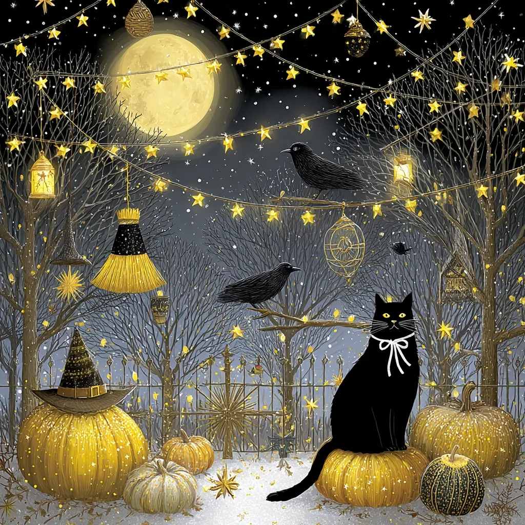 A whimsical Halloween scene unfolds under a luminous full moon.  A black cat, adorned with a white bow, sits regally atop a golden pumpkin.  Two crows perch on branches strung with twinkling star lights, while golden pumpkins and witch's hats add to the enchanting ambiance.  A light snowfall blankets the whimsical garden, creating a magical and festive atmosphere.