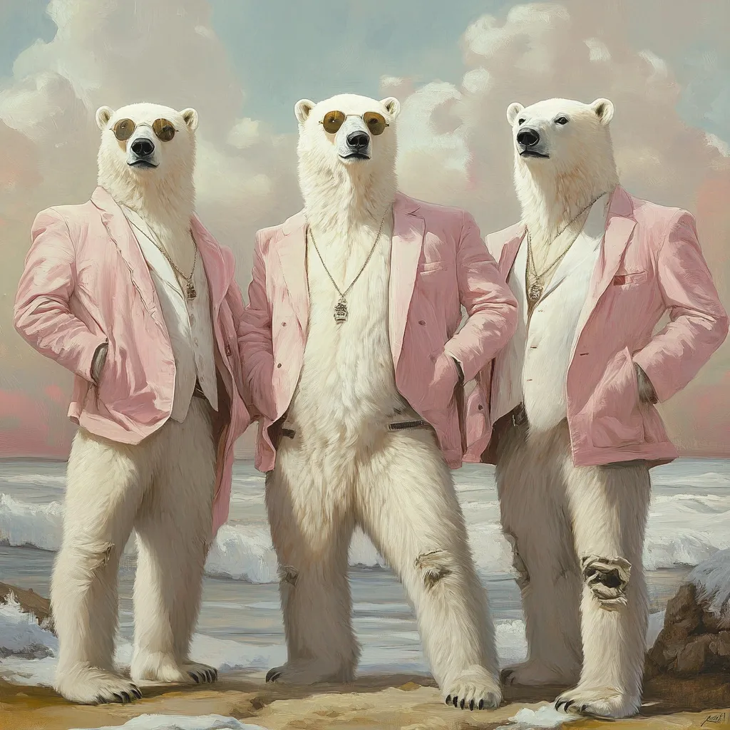Three polar bears, stylishly dressed in pink suits and sunglasses, stand on a beach.  They wear gold necklaces and exude a confident demeanor. The ocean waves gently lap the shore in the background, creating a contrast between their sophisticated attire and natural surroundings. The painting's style is realistic with a touch of whimsy.