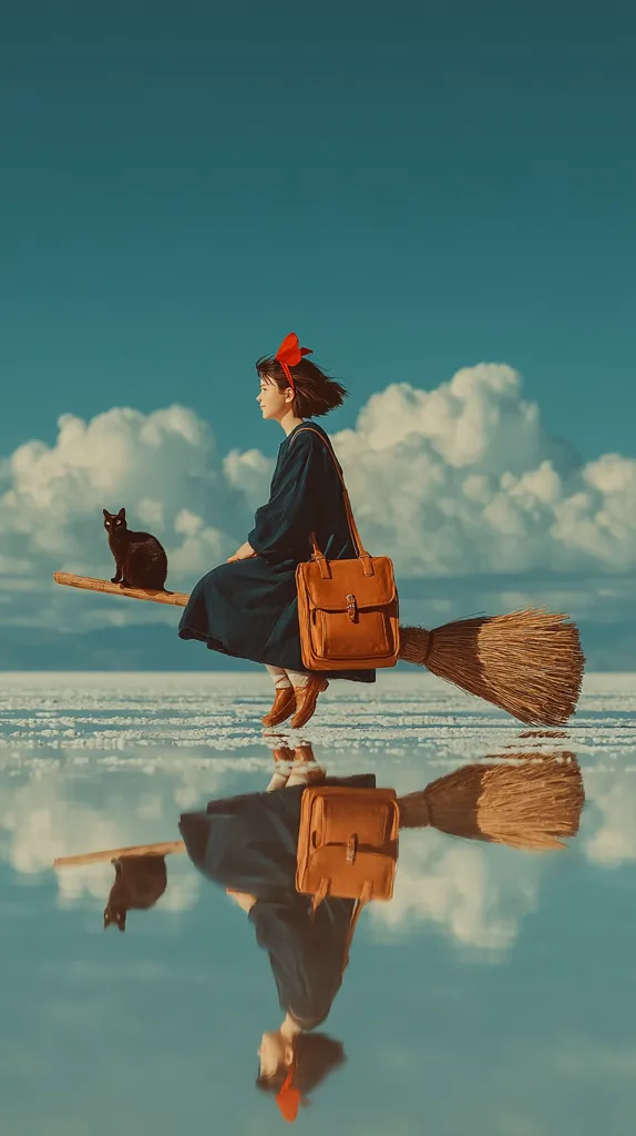 A young woman, reminiscent of Kiki from Kiki's Delivery Service, flies on a broomstick across a vast, reflective salt flat.  Her black cat sits beside her on the broom. She wears a dark blue dress and carries a brown satchel. The sky is a vibrant blue, dotted with fluffy white clouds. The scene's reflection perfectly mirrors the image, creating a surreal and enchanting atmosphere.