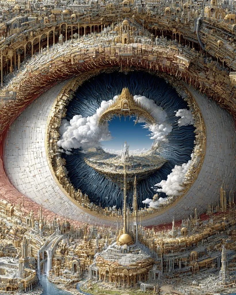 A fantastical, intricately detailed cityscape unfolds within a colossal eye.  The iris forms a swirling vortex, revealing a sky-island city beyond, bathed in sunlight and fluffy clouds.  Golden architecture dominates the scene, with complex structures and ornate details reminiscent of a grand, otherworldly metropolis.  The image is a masterful blend of realism and surrealism, creating a breathtaking vision of a utopian, almost impossible world.