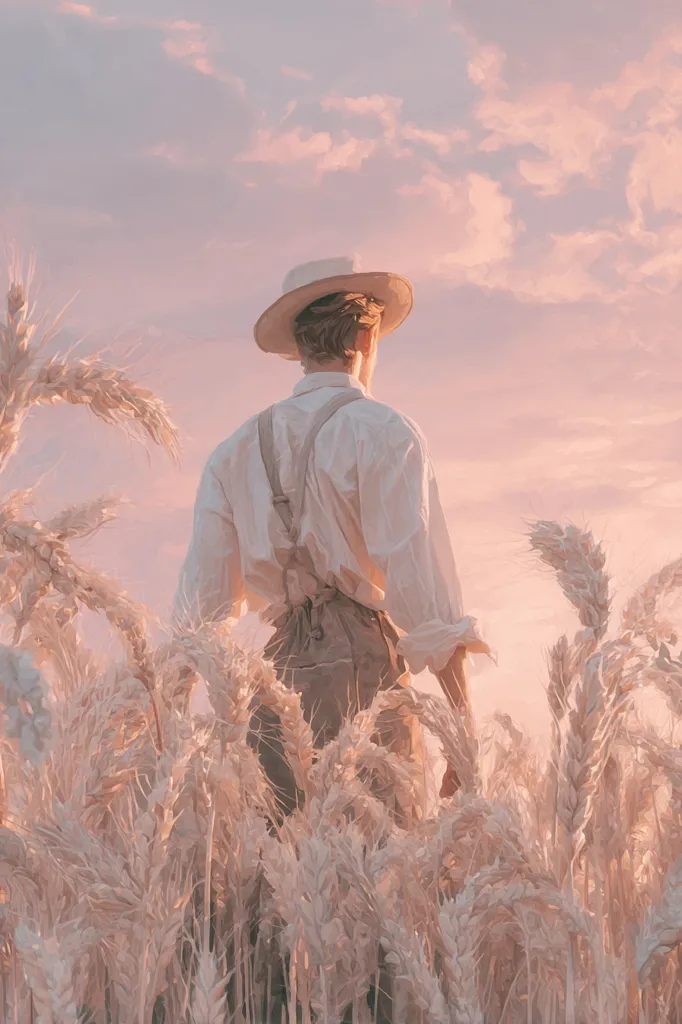 A person wearing a straw hat and light-colored overalls stands in a field of wheat at sunset. The sky is a soft pink and orange, and the wheat is a pale, almost white color. The overall aesthetic is serene and peaceful, evoking a sense of calm and contemplation.  The figure's back is to the viewer, focusing attention on the idyllic landscape and the warm glow of the evening light.