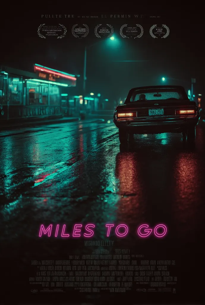 A film poster for "Miles to Go" by Mosondo Ellity.  The poster features a vintage car driving on a rain-slicked street at night, past a neon-lit diner. The title is in bright pink neon lettering.  Award logos are displayed at the top, suggesting critical acclaim. The overall aesthetic is dark, moody, and evocative of a classic road movie.