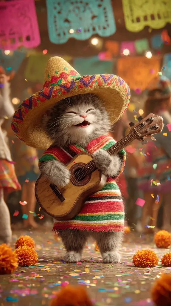 A grey kitten, wearing a sombrero and a vibrant serape, joyfully strums a guitar.  Confetti rains down as the kitten performs, surrounded by festive papel picado banners and marigolds, creating a lively and celebratory Day of the Dead atmosphere.  The scene is filled with color and joy.