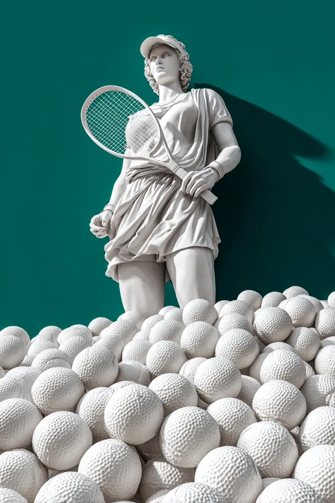 A white marble statue of a female tennis player stands against a teal background.  She holds a tennis racket, poised and elegant.  At her feet, a large pile of white tennis balls spills, creating a visually striking contrast and suggesting a theme of classical art meeting modern sport. The image is clean, minimalist, and sharply focused.