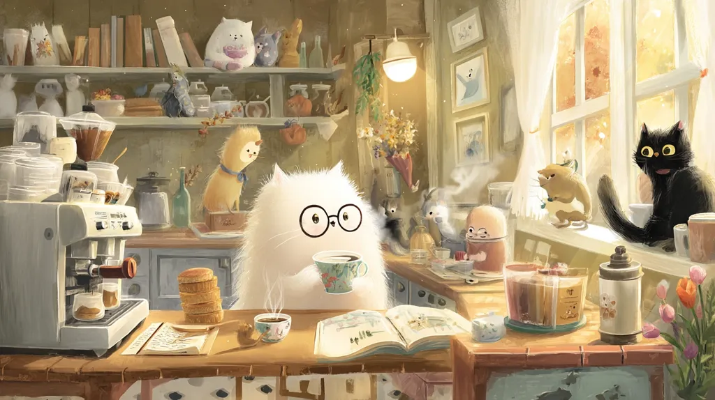 A whimsical illustration depicts a cozy cafe scene populated by anthropomorphic cats.  A fluffy white cat with glasses sits at a counter, enjoying coffee and a book.  Other cats, various colors and breeds, are scattered throughout the charmingly cluttered cafe, which features a coffee machine, shelves filled with knick-knacks, and a sunlit window. The overall atmosphere is warm, inviting, and slightly magical.