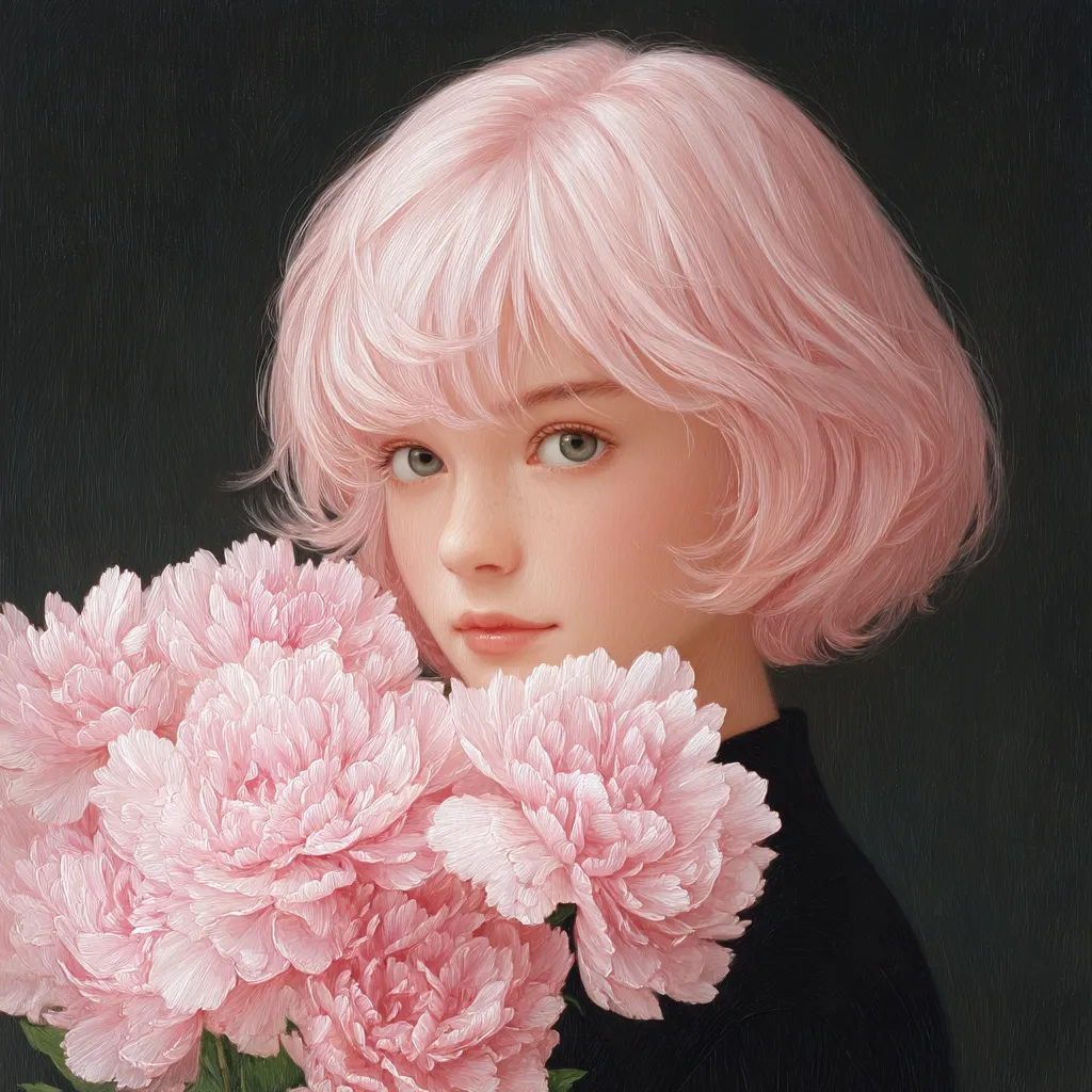 A painting of a young girl with pale pink, bobbed hair, partially obscured by a bouquet of light pink peonies.  Her expression is serene and slightly pensive. The girl's delicate features and the soft texture of both her hair and the flowers are rendered with meticulous detail, creating a dreamy, ethereal atmosphere.  The dark background accentuates the soft pinks in the foreground.