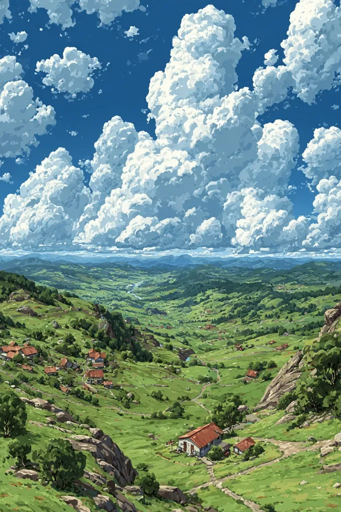 A picturesque landscape unfolds beneath a vibrant sky filled with fluffy cumulus clouds. Rolling green hills dotted with small houses and winding paths descend towards a valley.  The scene is peaceful and idyllic, suggesting a tranquil rural setting.  The bright sunlight illuminates the lush greenery, creating a breathtaking vista.  A few rocky outcrops add texture to the hillside.