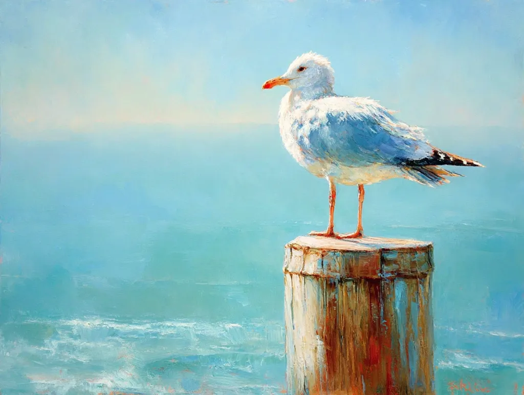 A serene oil painting depicts a lone seagull perched atop a weathered wooden post. The bird, rendered in soft blues and whites, faces right, gazing out over a calm, turquoise sea.  The background is a hazy blend of sky and water, suggesting a tranquil coastal scene bathed in sunlight.  The artist's textured brushstrokes contribute to the overall feeling of peace and quiet.