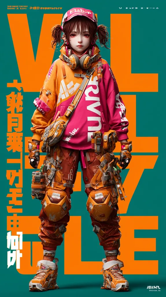 A vibrant digital illustration showcases a young female character in futuristic streetwear.  She sports a pink and orange hoodie, armored legwear, and high-top sneakers, all adorned with a distressed, worn texture.  Her pigtails and cap add to her youthful appearance, contrasting with the heavily-detailed, technological elements of her attire. The backdrop features bold, stylized lettering in orange and teal. The overall aesthetic blends anime influences with cyberpunk design elements.