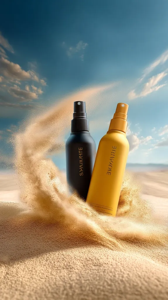 Two spray bottles of sun protection, one black and one gold, are partially buried in sand on a beach.  A wave of sand swirls around them, creating a dynamic image against a bright blue sky.  The bottles' brand name, "SPAY/MITE," is visible, suggesting a product for sun protection or skincare. The scene evokes a feeling of summer and relaxation.