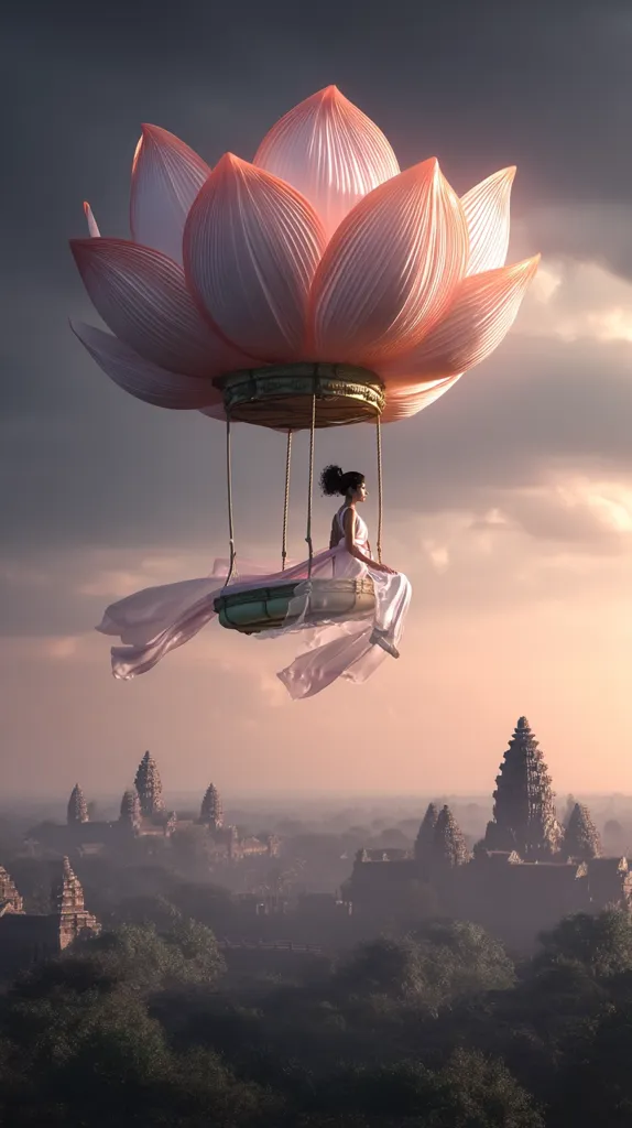 A serene woman sits gracefully in a hot air balloon shaped like a giant pink lotus flower.  She's dressed in flowing, light pink attire, her hair pulled back.  The balloon floats serenely above a misty landscape dotted with ancient Angkor Wat-style temples at sunrise or sunset. The scene is peaceful and dreamlike, evoking a sense of tranquility and otherworldly beauty.