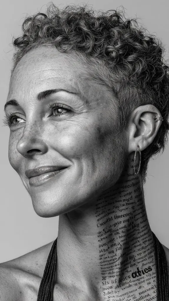 A black and white close-up portrait of a woman with short, curly hair.  Her face is slightly turned, showcasing a gentle smile.  Her neck is adorned with a text-based tattoo, appearing like an old manuscript.  The image emphasizes the texture of her skin and hair, highlighting her age and character. She wears simple hoop earrings. The overall mood is serene and contemplative.