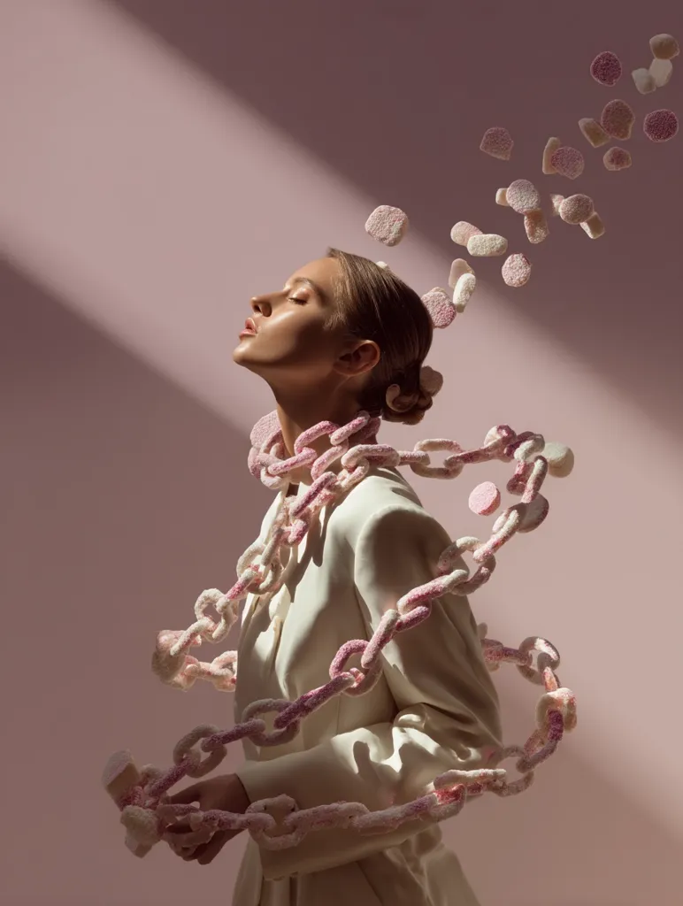 A woman in a white blazer is adorned with a candy chain.  Pink and white sweets form a chain around her neck and arms, with more floating around her head. She has her eyes closed, suggesting a serene or dreamy state. The image is set against a soft pink background with dramatic lighting.  The overall mood is surreal and slightly whimsical.