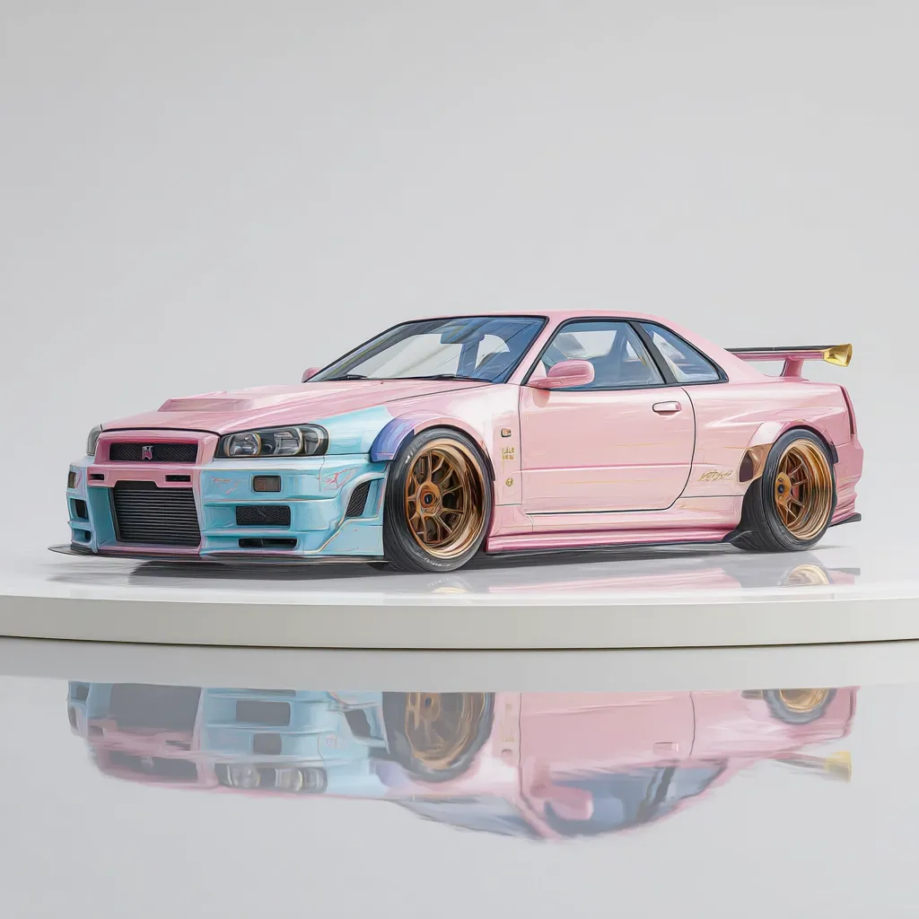 A digital rendering showcases a modified Nissan Skyline R34 GT-R.  The car is predominantly pink, with light blue accents on the front bumper and side skirts.  It features gold-colored aftermarket wheels and a subtle body kit.  The car is displayed on a white circular platform, with its reflection visible below.  The overall aesthetic is clean and stylized, with a pastel color scheme.
