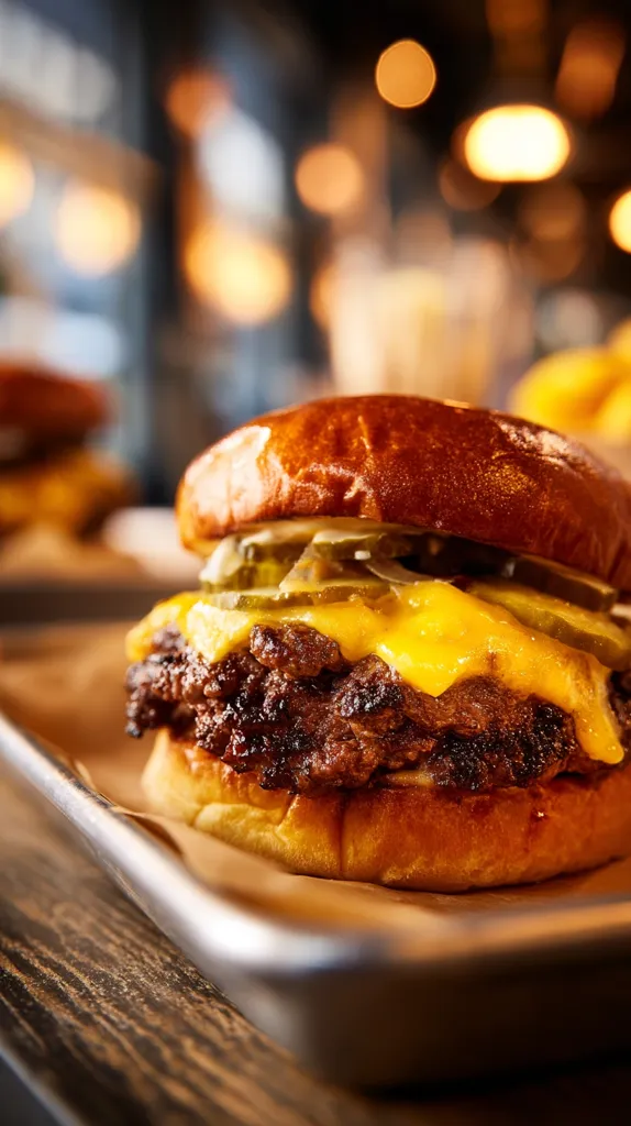 A juicy cheeseburger, featuring a perfectly seared patty, melted cheese, and crisp pickles, sits on a rustic wooden table.  The warm lighting of the background suggests a restaurant setting.  The burger is presented on a simple metal tray lined with parchment paper, emphasizing its deliciousness.  A blurred second burger in the background hints at a plentiful meal.
