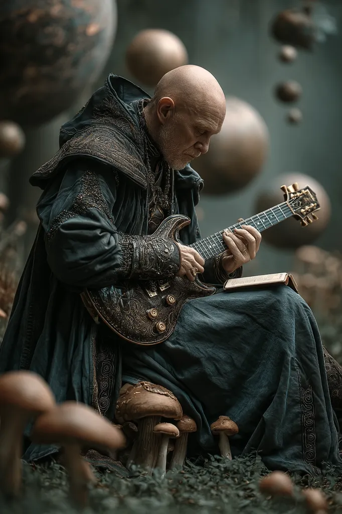 A bald, elderly man, dressed in a dark, ornate robe, sits amidst a cluster of mushrooms.  He plays a richly decorated electric guitar, his gaze focused on sheet music resting on his lap.  The background features blurred, ethereal spheres, creating a mystical and otherworldly atmosphere. The scene evokes a sense of fantasy and solitude.