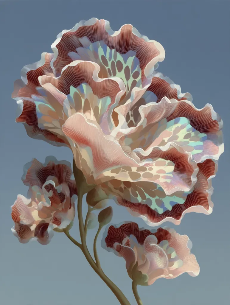 A stylized illustration depicts a cluster of large, intricately detailed flowers against a muted blue backdrop.  The blossoms are predominantly pale peach and cream, accented with darker reddish-brown edges and an iridescent, mottled pattern.  The petals are numerous and ruffled, giving the flowers a luxurious, almost otherworldly appearance. The stems are slender and dark, suggesting delicate strength.  The overall style is reminiscent of botanical art with a surreal twist.