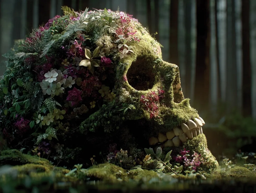 A human skull, completely overgrown with moss, vibrant wildflowers, and other vegetation, rests on the forest floor.  The scene is dark and moody, the skull partially illuminated by a soft light.  The contrast between the skull's deathly form and the lively flora creates a striking image of nature reclaiming death.  The background is blurred, focusing attention on the skull and its floral covering.