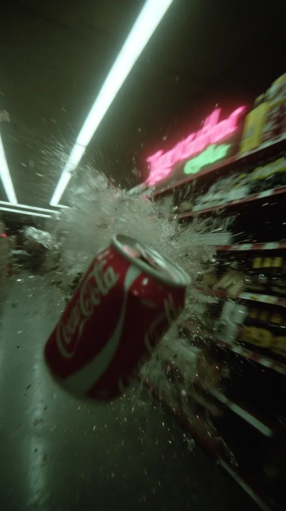 A Coca-Cola can explodes in a blurry, dynamic shot inside a store. Water splashes everywhere, creating a chaotic scene. The background is a brightly lit store with shelves and neon signs, adding to the vibrant yet slightly unsettling atmosphere. The image is stylized, with a focus on motion and impact.