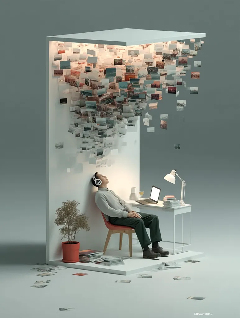 A man wearing headphones rests against a wall inside a minimalist room.  Above him, a cascade of countless miniature images pours from an opening in the ceiling, suggesting a deluge of memories or digital data.  A small desk with a laptop and scattered papers sits nearby, adding to the feeling of contemplation and overwhelm in this surreal scene. The overall atmosphere is serene yet suggestive of information overload.