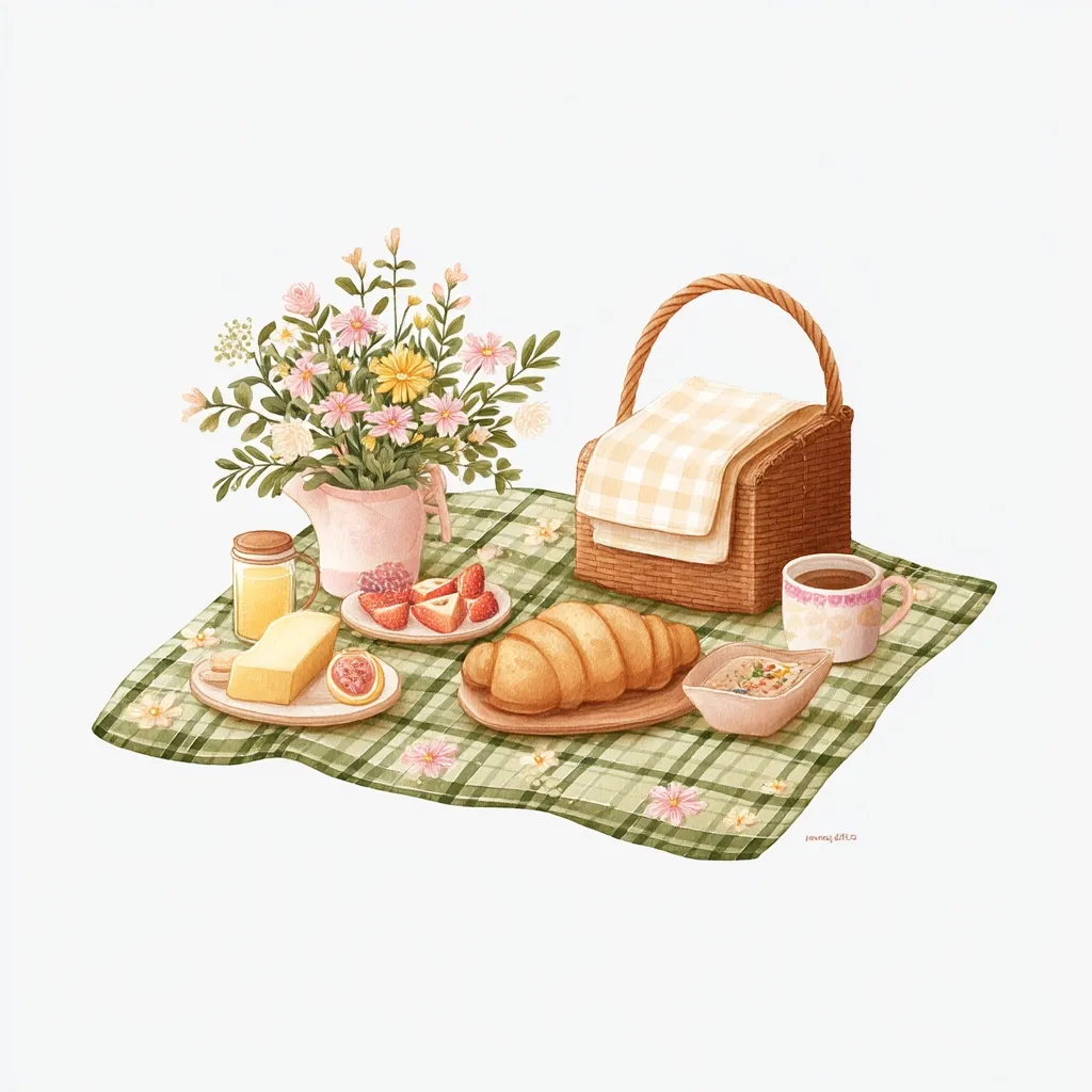 A charming watercolor illustration depicts a picturesque picnic scene. A green and white checkered tablecloth is spread, showcasing a delectable array of food: a croissant, sliced strawberries, cheese, and a small bowl of what seems to be a creamy porridge. A wicker picnic basket sits nearby, draped with a pale yellow checkered cloth. A bouquet of pastel flowers in a pink vase adds a touch of elegance. The overall mood is serene and inviting, perfect for a leisurely outdoor meal.