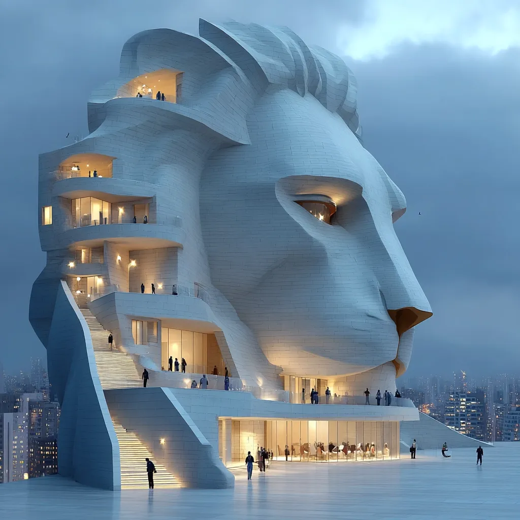 A futuristic building, shaped like a lion's head, stands against a twilight city skyline.  The structure incorporates multiple levels of apartments and balconies, subtly integrated into the colossal head.  People are seen entering and exiting the building, adding a sense of scale and life.  The architectural design blends organic and geometric forms, creating a striking and imaginative design.