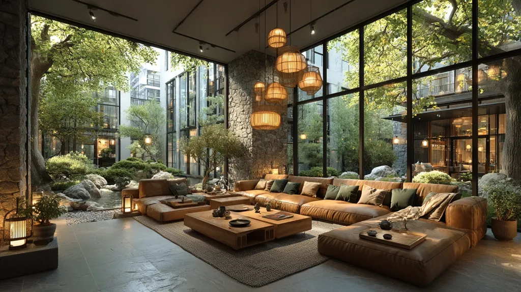 A luxurious living room boasts a sprawling leather sectional sofa, complemented by low wooden coffee tables.  Large windows showcase a serene, meticulously landscaped courtyard garden, visible through expansive glass walls.  The room's ambiance is enhanced by a cluster of woven pendant lights and stone walls, creating a tranquil and sophisticated atmosphere with a blend of modern and Japanese design elements.
