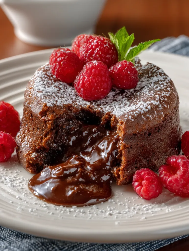 A warm chocolate lava cake, dusted with powdered sugar, is adorned with fresh raspberries and a sprig of mint.  The cake's molten chocolate center is partially revealed, showcasing its rich, decadent texture.  The dessert sits on a white plate, surrounded by additional raspberries, creating a visually appealing and tempting treat.