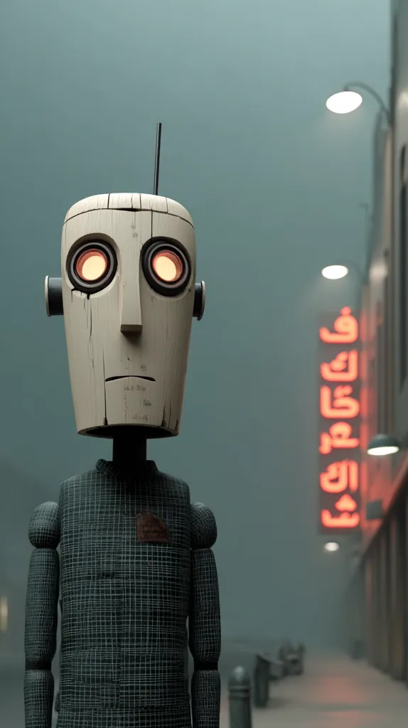 A wooden robot with glowing eyes stands on a foggy city street. Its simple, almost rustic design contrasts with the modern city backdrop.  The robot's expression is somber, and it wears a dark checkered jacket.  A neon sign in a foreign language is visible in the background, adding to the mysterious atmosphere. The overall image evokes a sense of loneliness and quiet contemplation.