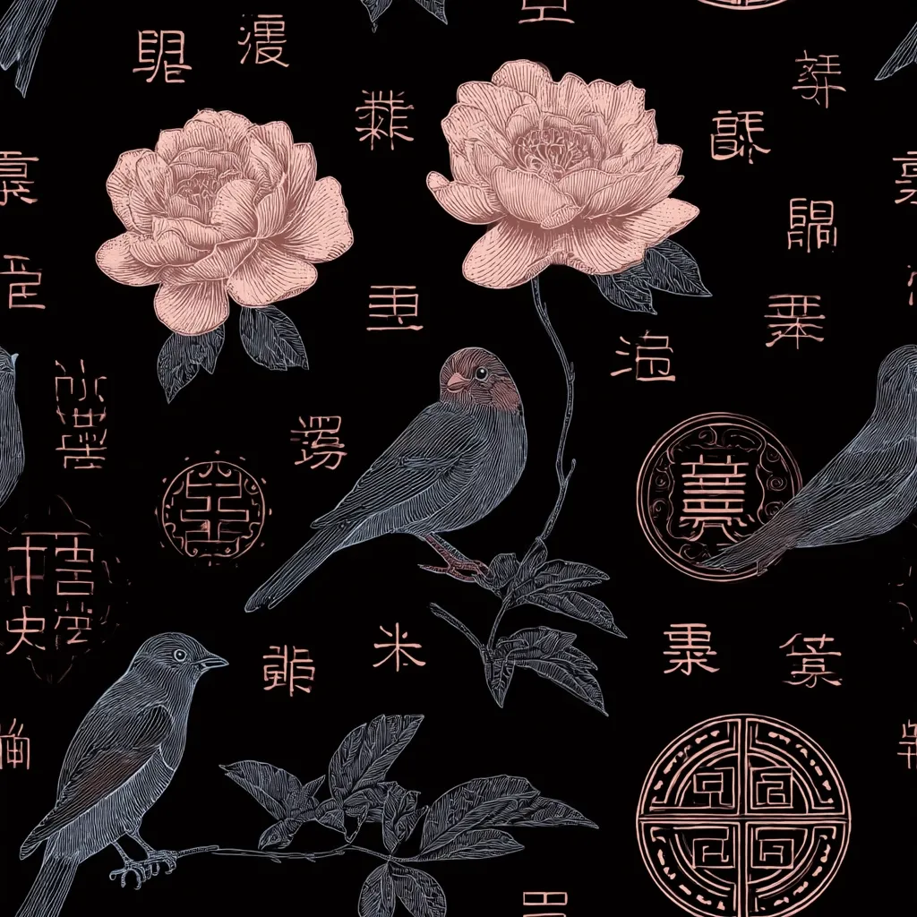 A dark seamless pattern features delicate, blush-toned peonies and detailed illustrations of birds perched on branches.  Stylized Chinese characters and circular seals are interspersed amongst the floral and avian motifs, creating a sophisticated and elegant design. The overall aesthetic is reminiscent of vintage botanical illustrations with an Asian influence.