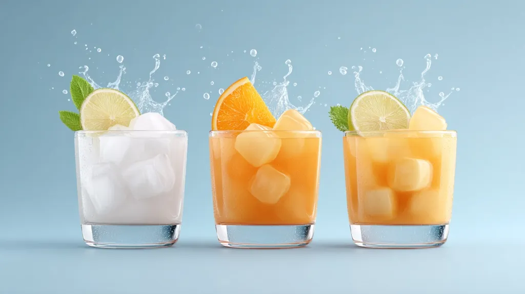 Three refreshing iced drinks are displayed against a light blue background.  The first glass contains a lime wedge and ice. The second features an orange slice and ice in an orange juice. The third showcases a lime wedge and ice in a light orange juice.  Each glass is partially submerged in a splash of water, adding to the feeling of refreshment.  Mint leaves garnish the lime-based drinks.