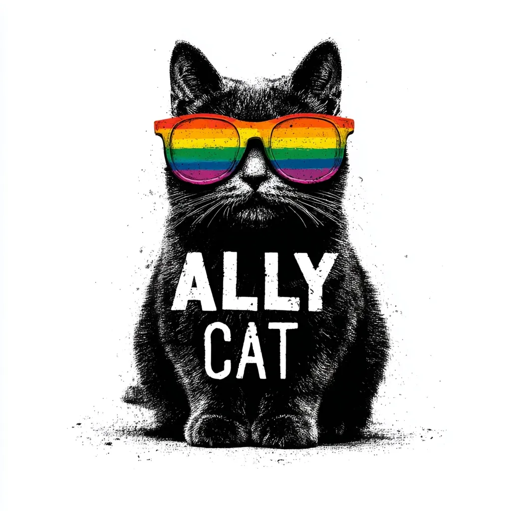 A stylized black cat sits facing forward, wearing rainbow-colored sunglasses.  The words "ALLY CAT" are prominently displayed on its chest. The image is rendered in a black and white style with a textured background, creating a bold and impactful graphic design.  The overall message promotes LGBTQ+ allyship.