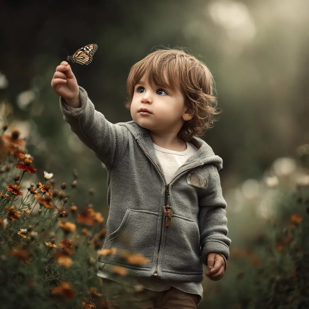 A toddler, wearing a gray zip-up hoodie, stands amidst a field of orange and yellow flowers.  He reaches out a hand towards a monarch butterfly that is close to his fingers.  The child's expression is one of wonder and gentle curiosity. The background is softly blurred, emphasizing the child and the butterfly. The overall mood is peaceful and serene.
