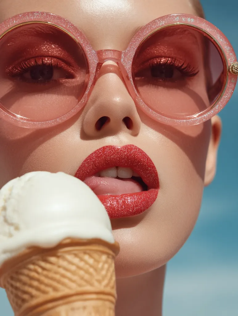 Close-up of a woman's face, wearing large, pink glitter sunglasses. Her lips are painted a vibrant red, and she's licking an ice cream cone.  The scene is bright and sunny, suggesting a summery, playful mood.  The image emphasizes beauty and indulgence.