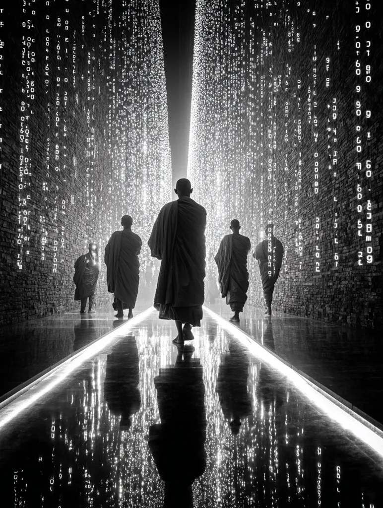 Four Buddhist monks walk along a reflective corridor.  The walls are illuminated with cascading streams of binary code, creating a surreal and futuristic atmosphere.  The monks' silhouettes are mirrored in the wet ground, emphasizing the contrast between tradition and technology.  The scene is stark, black and white, and powerfully symbolic.