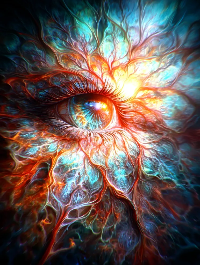 A vibrant, surreal close-up of an eye.  Intricate, branching veins of fiery orange and cool teal flow from the iris, creating a mesmerizing, almost organic fractal pattern. The eye itself glows with inner light, radiating energy and a sense of mystical depth. The colors are intense and blend seamlessly, evoking a feeling of both power and ethereal beauty.