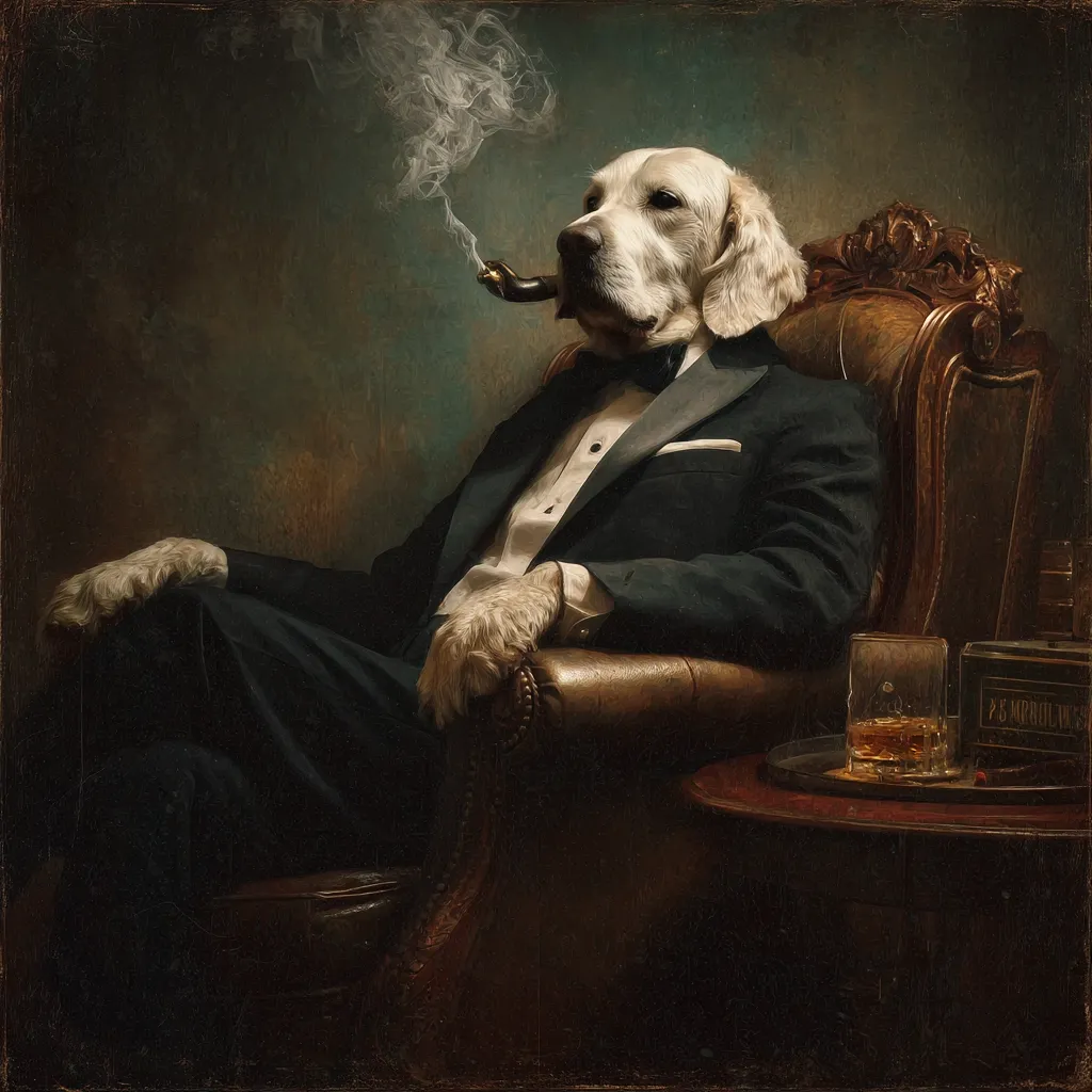 A Golden Retriever, impeccably dressed in a tuxedo and bow tie, sits regally in a leather armchair.  He nonchalantly smokes a pipe, a glass of amber liquid rests on a nearby side table. The painting is rendered in a classic, dark oil style, evoking a sense of old-world sophistication and quiet wealth. The dog's expression is one of serene composure.