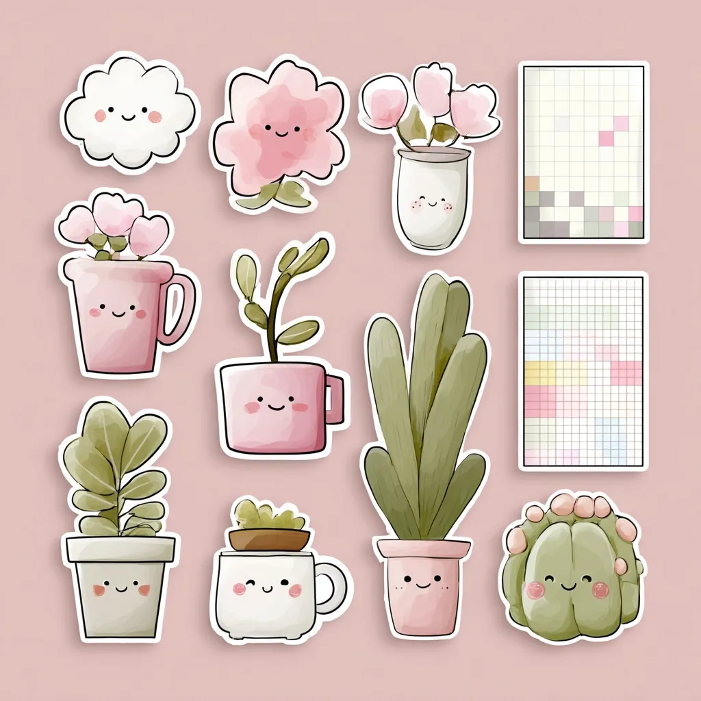A collection of cute, cartoonish potted plants and pixel art templates.  The plants feature smiling faces and are drawn in a watercolor style.  There are various types of plants, including flowers, succulents, and leafy greens, all in pink and green tones.  Two pixel art grids are included, suggesting a crafting or coloring activity. The overall aesthetic is whimsical and charming.