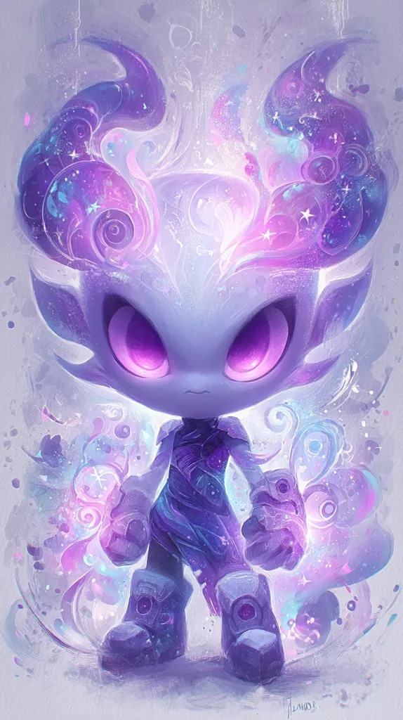 A whimsical digital painting depicts a small, chibi-like creature with large, expressive purple eyes.  Its body is a muted purple, adorned with swirling, cosmic patterns in shades of lavender and pink.  Large, stylized horns sprout from its head, also displaying the same nebula-like textures.  The creature appears to be emanating a soft, ethereal glow.  The overall style is soft, dreamy, and fantastical.