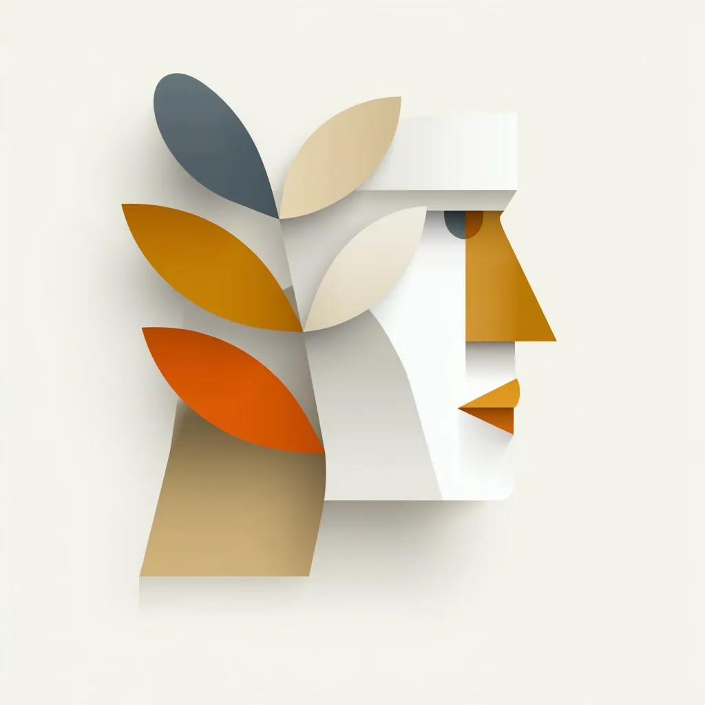 A stylized profile of a face is depicted in a minimalist, geometric style.  The face is composed of paper-like layers in muted earth tones.  Behind the head, a sprig of leaves in varying shades of orange, beige, and gray adds a touch of nature to the abstract portrait. The overall aesthetic is clean, modern, and subtly symbolic.