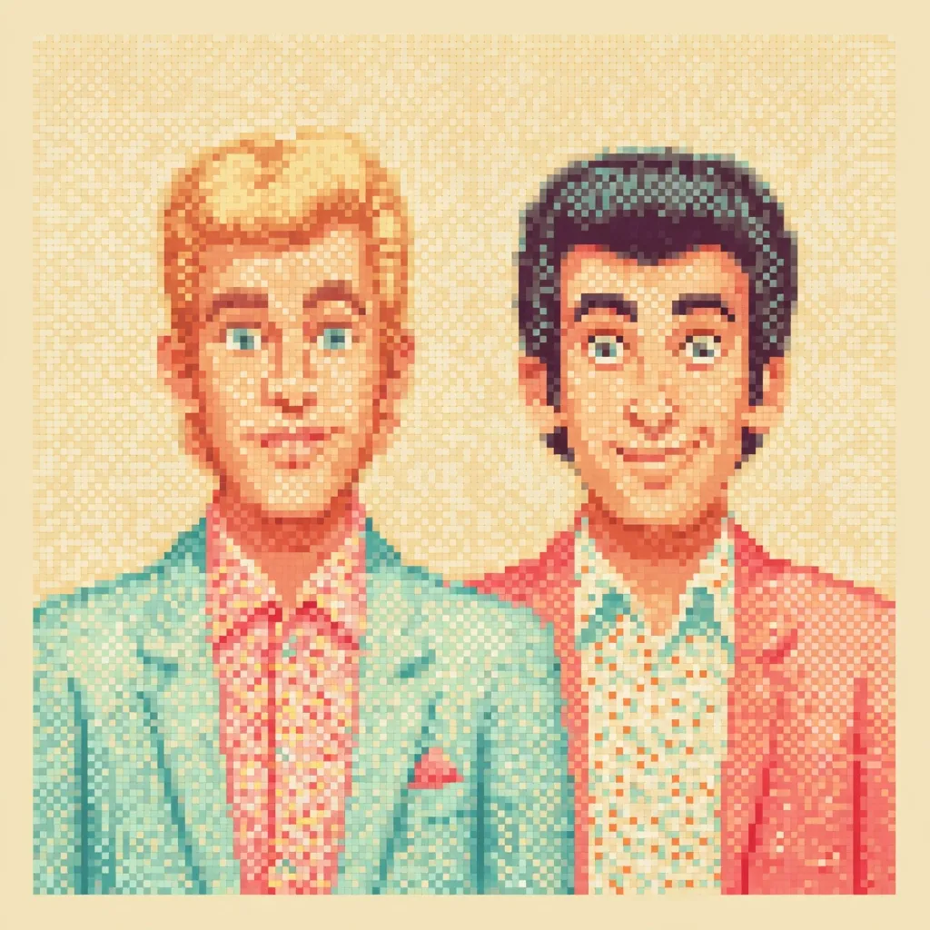 A pixel art portrait depicts two men in suits, styled in a retro manner.  The man on the left has blond hair and wears a light teal suit over a pink and white patterned shirt.  The man on the right has dark hair and sports a coral suit with a similar patterned shirt.  Both men have pleasant expressions.  The overall aesthetic is reminiscent of 8-bit video games or vintage cross-stitch.