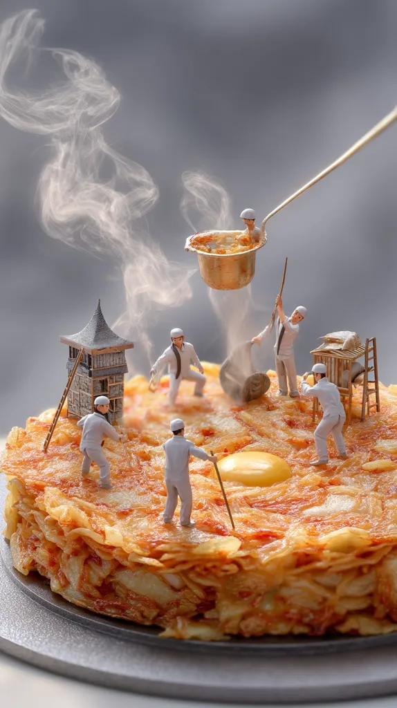 Miniature figures, dressed as chefs, work atop a large, steaming potato pancake.  They use miniature tools and equipment, suggesting the preparation and creation of the dish.  A small building and other structures are also visible on the pancake's surface.  The scene is whimsical and uses a strong sense of scale to create a playful contrast.  The overall image is visually striking and highly detailed.
