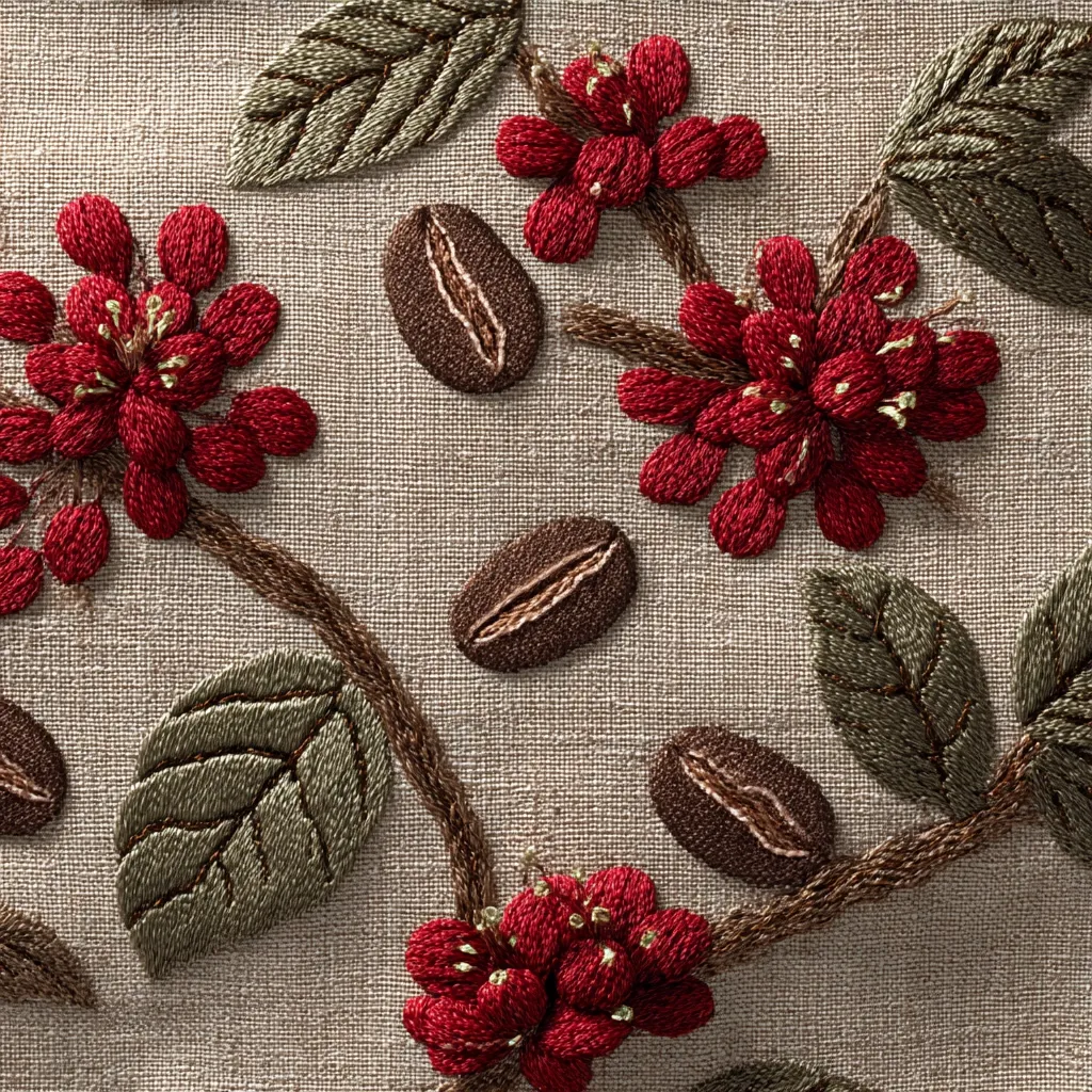 Close-up view of intricate hand embroidery on a beige linen fabric.  The design features stylized red flowers, possibly coffee blossoms, interspersed with embroidered coffee beans and leaves in shades of green and brown.  The stitching is detailed and creates a textured, almost three-dimensional effect. The overall aesthetic is elegant and natural.