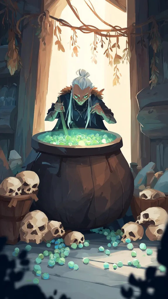 A white-haired witch stirs a bubbling green potion in a large cauldron.  Surrounding her are baskets overflowing with skulls, and scattered luminous green gems adorn the floor of her dimly lit, rustic workshop.  Dried herbs hang from the ceiling, adding to the mystical atmosphere.  The scene suggests a potent brew is in the making.