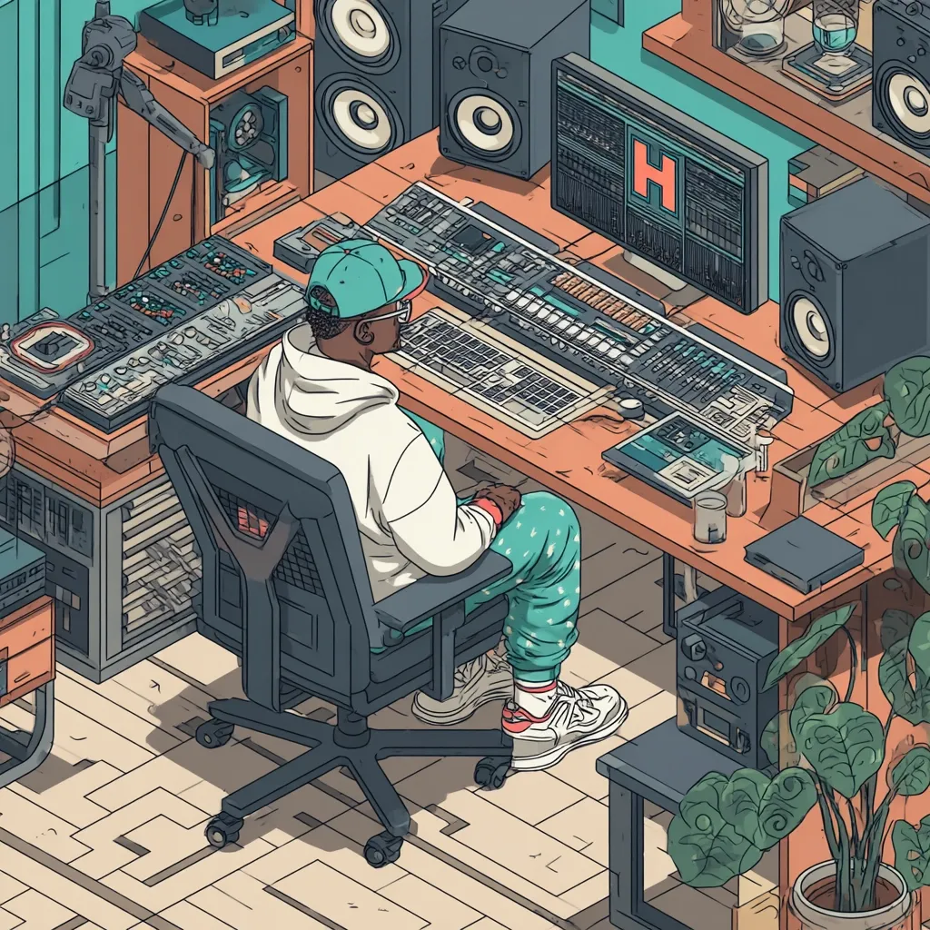 An isometric illustration depicts a music producer seated at a large mixing console in a vibrant recording studio.  Surrounding him are various audio equipment, including studio monitors, keyboards, and a computer displaying a waveform. He's wearing a white sweater and teal patterned pants, focused on his work.  The room is filled with plants, adding a touch of nature to the tech-heavy setting. The overall style is clean, detailed, and reminiscent of retro-futurism.