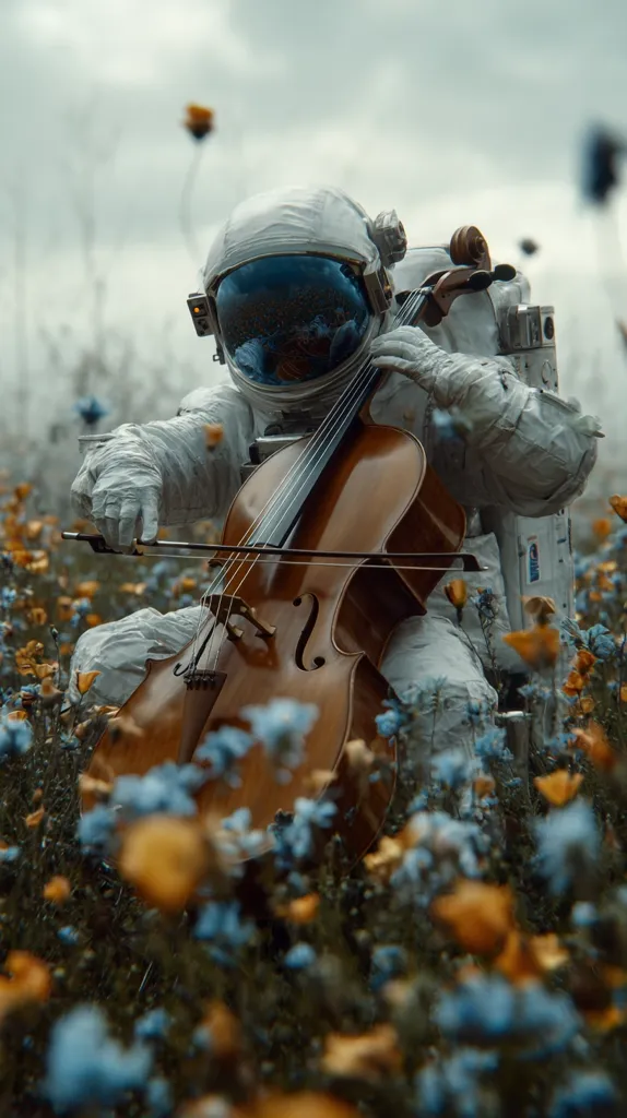 An astronaut, clad in a white spacesuit, sits amidst a field of blue and orange wildflowers.  The astronaut gently plays a cello, its rich brown contrasting with the muted tones of the surrounding landscape.  The scene is serene and surreal, blending the vastness of space with the delicate beauty of nature.  The astronaut's reflection is visible in the helmet, adding depth to the image.