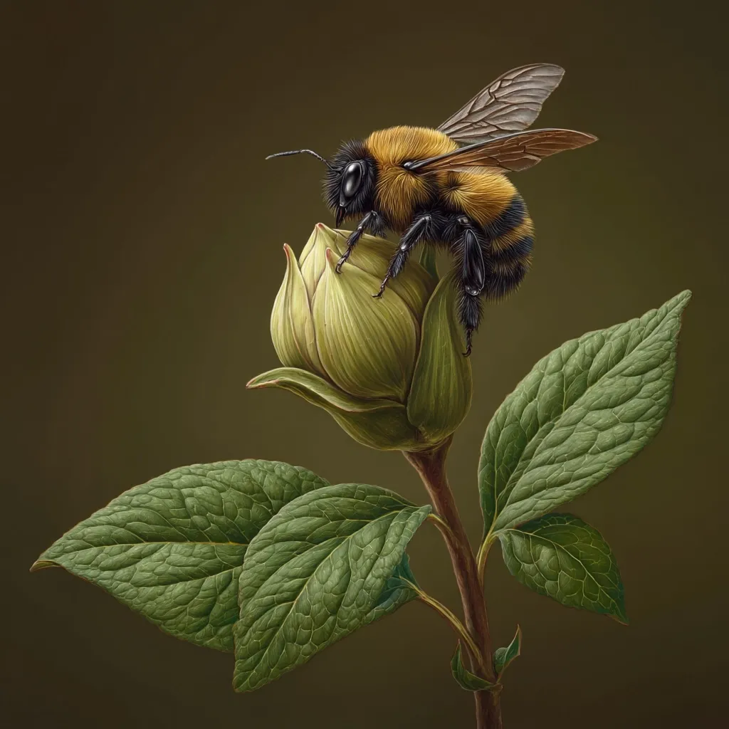 A meticulously detailed illustration depicts a bumblebee perched atop an unopened pale green flower bud.  The bee's fuzzy body and delicate wings are sharply rendered, contrasting with the smooth texture of the bud and the veined leaves of the plant. The dark background enhances the vibrant colors of the subject, creating a striking image of nature's intricate beauty.