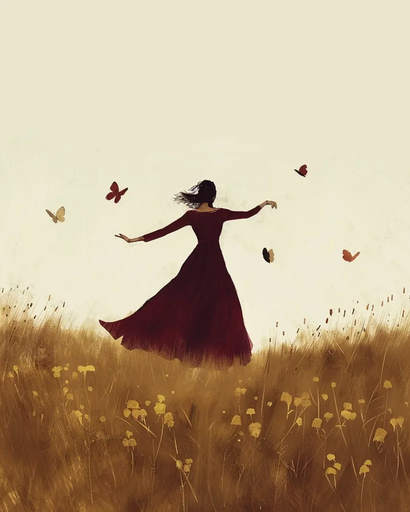 A woman in a long, maroon dress dances in a field of tall, golden grass.  Butterflies flutter around her as she twirls, her dark hair flowing behind her.  The scene is peaceful and serene, evoking a sense of freedom and joy in nature's embrace. The soft light and muted colors create a calm and ethereal atmosphere.