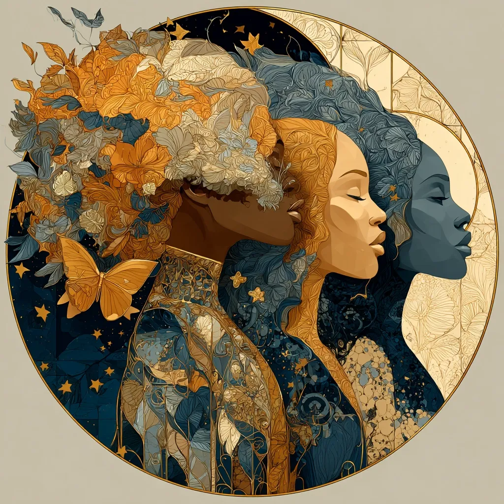 A circular artwork depicts three women's profiles, their hair adorned with intricate floral and celestial designs in gold, teal, and cream.  Their faces are serene, eyes closed, suggesting peace or contemplation.  Butterflies and stars are scattered throughout the design, which has an Art Nouveau feel. The overall effect is one of ethereal beauty and harmonious connection.
