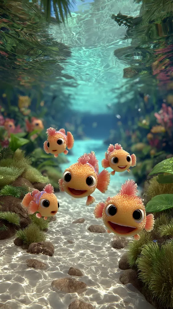Five adorable, cartoonish orange fish swim through a sunlit underwater scene.  They have large, expressive eyes and happy expressions. The underwater environment is lush with green plants and a sandy bottom with scattered rocks, creating a vibrant and peaceful image. Sunlight filters through the water, illuminating the scene.